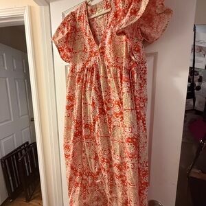 Anthropologie Maeve Red and Cream Floral Patterned Dress